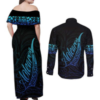 Aotearoa New Zealand Couples Matching Off Shoulder Maxi Dress and Long Sleeve Button Shirt Koru Fern Blue Gradient