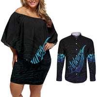 Aotearoa New Zealand Couples Matching Off Shoulder Short Dress and Long Sleeve Button Shirt Koru Fern Blue Gradient