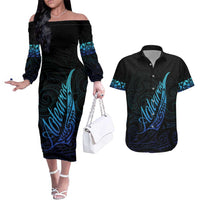 Aotearoa New Zealand Couples Matching Off The Shoulder Long Sleeve Dress and Hawaiian Shirt Koru Fern Blue Gradient