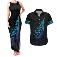 Aotearoa New Zealand Couples Matching Tank Maxi Dress and Hawaiian Shirt Koru Fern Blue Gradient