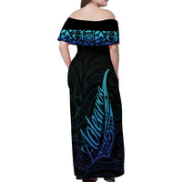 Aotearoa New Zealand Family Matching Off Shoulder Maxi Dress and Hawaiian Shirt Koru Fern Blue Gradient