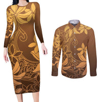 Tiare Tahiti Couples Matching Long Sleeve Bodycon Dress and Long Sleeve Button Shirt Brown Polynesia Motifs - Polynesian Pride