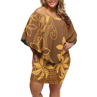 Tiare Tahiti Off Shoulder Short Dress Brown Polynesia Motifs LT05 Women Brown - Polynesian Pride