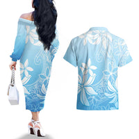 Tiare Tahiti Couples Matching Off The Shoulder Long Sleeve Dress and Hawaiian Shirt Blue Polynesia Motifs - Polynesian Pride