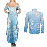 Tiare Tahiti Couples Matching Summer Maxi Dress and Long Sleeve Button Shirt Blue Polynesia Motifs LT05 - Polynesian Pride