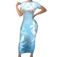 Tiare Tahiti Family Matching Short Sleeve Bodycon Dress and Hawaiian Shirt Blue Polynesia Motifs - Polynesian Pride