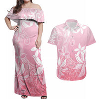Tiare Tahiti Couples Matching Off Shoulder Maxi Dress and Hawaiian Shirt Pink Polynesia Motifs - Polynesian Pride