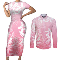 Tiare Tahiti Couples Matching Short Sleeve Bodycon Dress and Long Sleeve Button Shirt Pink Polynesia Motifs - Polynesian Pride