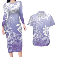 Tiare Tahiti Couples Matching Long Sleeve Bodycon Dress and Hawaiian Shirt Purple Polynesia Motifs - Polynesian Pride