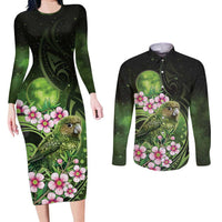New Zealand Aotearoa Kakapo Couples Matching Long Sleeve Bodycon Dress and Long Sleeve Button Shirt Maori Pattern With Manuka Galaxy Style - Polynesian Pride