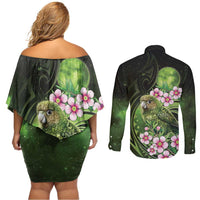 New Zealand Aotearoa Kakapo Couples Matching Off Shoulder Short Dress and Long Sleeve Button Shirt Maori Pattern With Manuka Galaxy Style - Polynesian Pride
