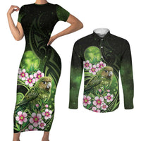 New Zealand Aotearoa Kakapo Couples Matching Short Sleeve Bodycon Dress and Long Sleeve Button Shirt Maori Pattern With Manuka Galaxy Style - Polynesian Pride