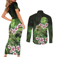 New Zealand Aotearoa Kakapo Couples Matching Short Sleeve Bodycon Dress and Long Sleeve Button Shirt Maori Pattern With Manuka Galaxy Style - Polynesian Pride