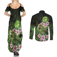 New Zealand Aotearoa Kakapo Couples Matching Summer Maxi Dress and Long Sleeve Button Shirt Maori Pattern With Manuka Galaxy Style - Polynesian Pride