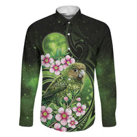 New Zealand Aotearoa Kakapo Family Matching Mermaid Dress and Hawaiian Shirt Maori Pattern With Manuka Galaxy Style LT05 Dad's Shirt - Long Sleeve Green - Polynesian Pride