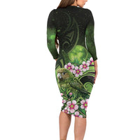 New Zealand Aotearoa Kakapo Long Sleeve Bodycon Dress Maori Pattern With Manuka Galaxy Style - Polynesian Pride