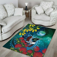 New Zealand Tui Bird Area Rug Maori Koru With Pohutukawa Galaxy Style - Polynesian Pride