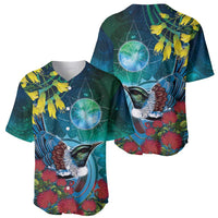 New Zealand Tui Bird Baseball Jersey Maori Koru With Pohutukawa Galaxy Style - Polynesian Pride