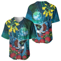 New Zealand Tui Bird Baseball Jersey Maori Koru With Pohutukawa Galaxy Style LT05 - Polynesian Pride