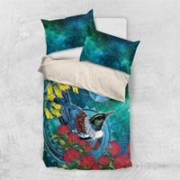 New Zealand Tui Bird Bedding Set Maori Koru With Pohutukawa Galaxy Style - Polynesian Pride