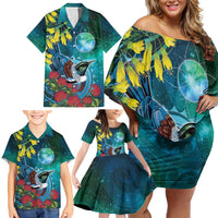 New Zealand Tui Bird Family Matching Off Shoulder Short Dress and Hawaiian Shirt Maori Koru With Pohutukawa Galaxy Style - Polynesian Pride