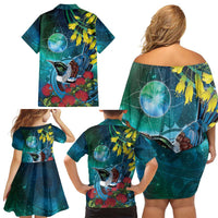 New Zealand Tui Bird Family Matching Off Shoulder Short Dress and Hawaiian Shirt Maori Koru With Pohutukawa Galaxy Style - Polynesian Pride
