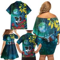 New Zealand Tui Bird Family Matching Off Shoulder Short Dress and Hawaiian Shirt Maori Koru With Pohutukawa Galaxy Style - Polynesian Pride