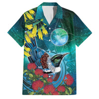 New Zealand Tui Bird Family Matching Off Shoulder Short Dress and Hawaiian Shirt Maori Koru With Pohutukawa Galaxy Style - Polynesian Pride