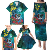 New Zealand Tui Bird Family Matching Puletasi and Hawaiian Shirt Maori Koru With Pohutukawa Galaxy Style - Polynesian Pride