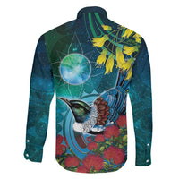 New Zealand Tui Bird Family Matching Puletasi and Hawaiian Shirt Maori Koru With Pohutukawa Galaxy Style - Polynesian Pride