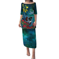 New Zealand Tui Bird Family Matching Puletasi and Hawaiian Shirt Maori Koru With Pohutukawa Galaxy Style - Polynesian Pride