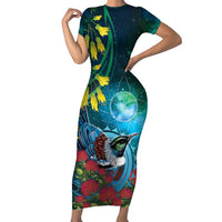 New Zealand Tui Bird Family Matching Short Sleeve Bodycon Dress and Hawaiian Shirt Maori Koru With Pohutukawa Galaxy Style - Polynesian Pride
