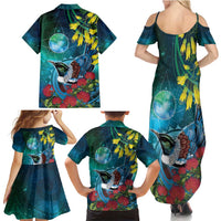 New Zealand Tui Bird Family Matching Summer Maxi Dress and Hawaiian Shirt Maori Koru With Pohutukawa Galaxy Style - Polynesian Pride