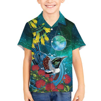 New Zealand Tui Bird Family Matching Tank Maxi Dress and Hawaiian Shirt Maori Koru With Pohutukawa Galaxy Style LT05 - Polynesian Pride
