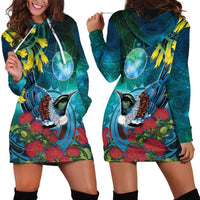 New Zealand Tui Bird Hoodie Dress Maori Koru With Pohutukawa Galaxy Style - Polynesian Pride