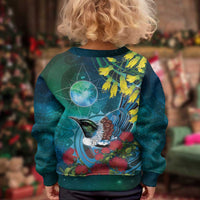 New Zealand Tui Bird Kid Ugly Christmas Sweater Maori Koru With Pohutukawa Galaxy Style - Polynesian Pride