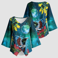 New Zealand Tui Bird Kimono Sleeve Blouse Maori Koru With Pohutukawa Galaxy Style - Polynesian Pride
