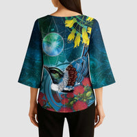New Zealand Tui Bird Kimono Sleeve Blouse Maori Koru With Pohutukawa Galaxy Style - Polynesian Pride