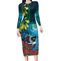 New Zealand Tui Bird Long Sleeve Bodycon Dress Maori Koru With Pohutukawa Galaxy Style - Polynesian Pride