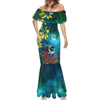 New Zealand Tui Bird Mermaid Dress Maori Koru With Pohutukawa Galaxy Style - Polynesian Pride