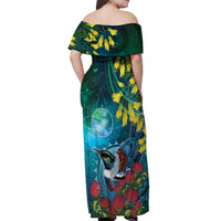 New Zealand Tui Bird Off Shoulder Maxi Dress Maori Koru With Pohutukawa Galaxy Style - Polynesian Pride