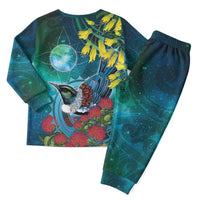 New Zealand Tui Bird Christmas Pajama Set Maori Koru With Pohutukawa Galaxy Style - Polynesian Pride