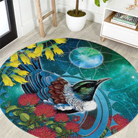 New Zealand Tui Bird Round Carpet Maori Koru With Pohutukawa Galaxy Style - Polynesian Pride