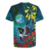 New Zealand Tui Bird Rugby Jersey Maori Koru With Pohutukawa Galaxy Style - Polynesian Pride