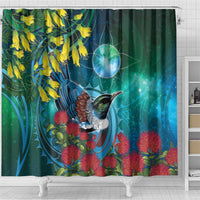 New Zealand Tui Bird Shower Curtain Maori Koru With Pohutukawa Galaxy Style - Polynesian Pride