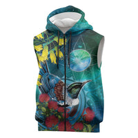 New Zealand Tui Bird Sleeveless Zip Hoodie Maori Koru With Pohutukawa Galaxy Style - Polynesian Pride