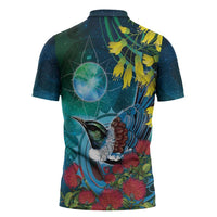 New Zealand Tui Bird Zipper Polo Shirt Maori Koru With Pohutukawa Galaxy Style - Polynesian Pride