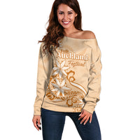 Personalised New Zealand Auckland Folk Festival Off Shoulder Sweater Vintage Style LT05 Women Brown - Polynesian Pride