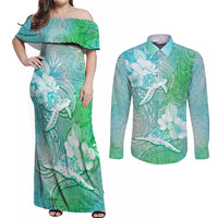Couple Sea Turtle One Love One Heart Couples Matching Off Shoulder Maxi Dress and Long Sleeve Button Shirt LT05 Aqua - Polynesian Pride
