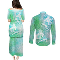 Couple Sea Turtle One Love One Heart Couples Matching Puletasi Dress and Long Sleeve Button Shirt LT05 - Polynesian Pride
